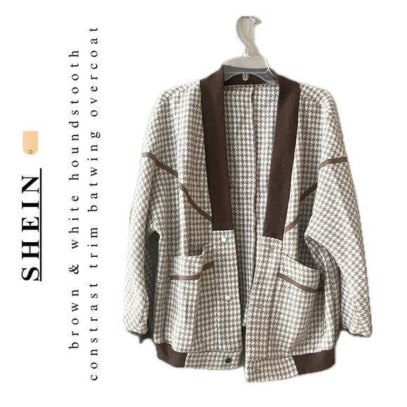 shein dazy • brown & white houndstooth snap button overcoat jacket - Picture 4 of 16